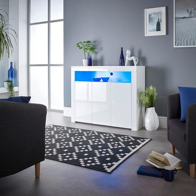 Image of Moderna Modern White Sideboard Cabinet with LED, 116x35x93cm Size: 116 x 35 x 93cm White Unisex 116 x 35 x 93 cm