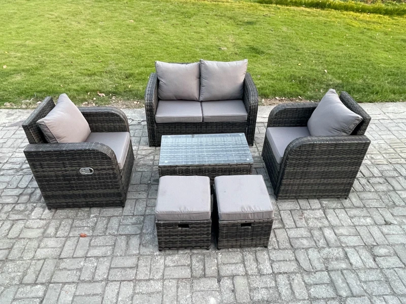 Image of Fimous Wicker PE Rattan Outdoor Furniture Set Garden Love Sofa Coffee Table 2 Armchair 2 Small Footstools Dark Grey Mixed Dark Grey