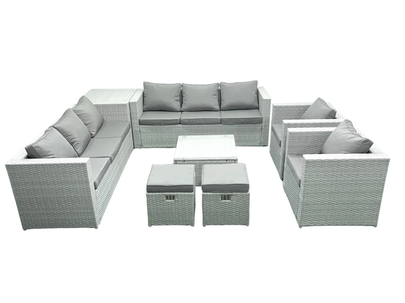 Image of Fimous Outdoor Rattan Sofa Garden Furniture Set with 2 Armchairs Square Coffee Table 2 Small Footstools Side Table Light Grey Mixed Light Grey
