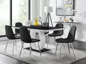 Image of Giovani Rectangular 6 Seat White High Gloss Unique Halo Dining Table Black Glass Top 6 Faux Leather Silver Leg Corona Chairs