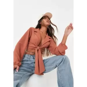 Image of Missguided Collared Tie Front Crop - Brown