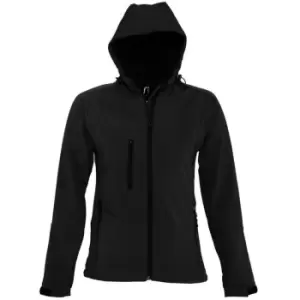 Image of SOLS Womens/Ladies Replay Hooded Soft Shell Jacket (Breathable, Windproof And Water Resistant) (S) (Black)