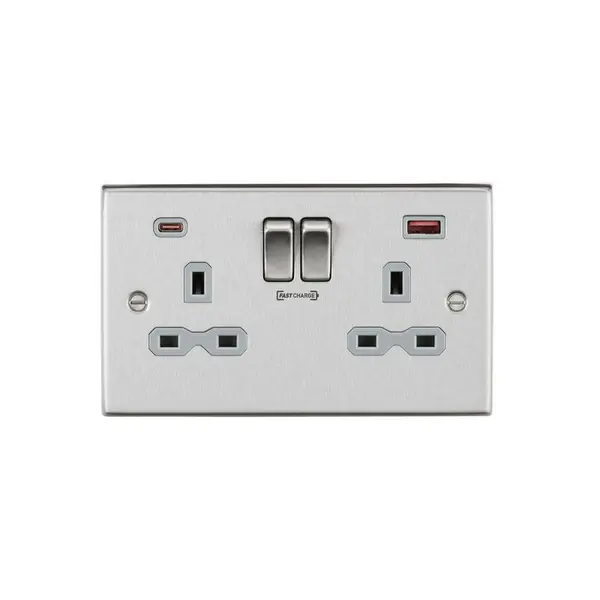 Image of KnightsBridge 13A 2G DP Curved switched socket with dual USB charger A + C (FASTCHARGE) - Brushed chrome with grey insert