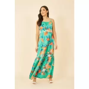 Image of Yumi Green Satin Floral Strappy Maxi Dress - Green