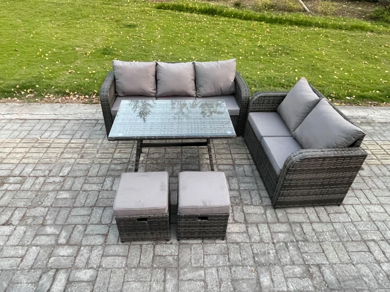 Image of Fimous High Back PE Rattan Sofa Set Outdoor Garden Furniture Dining Table Set Love Sofa 3 Seater Sofa 2 Small Footstool Dark Grey unisex