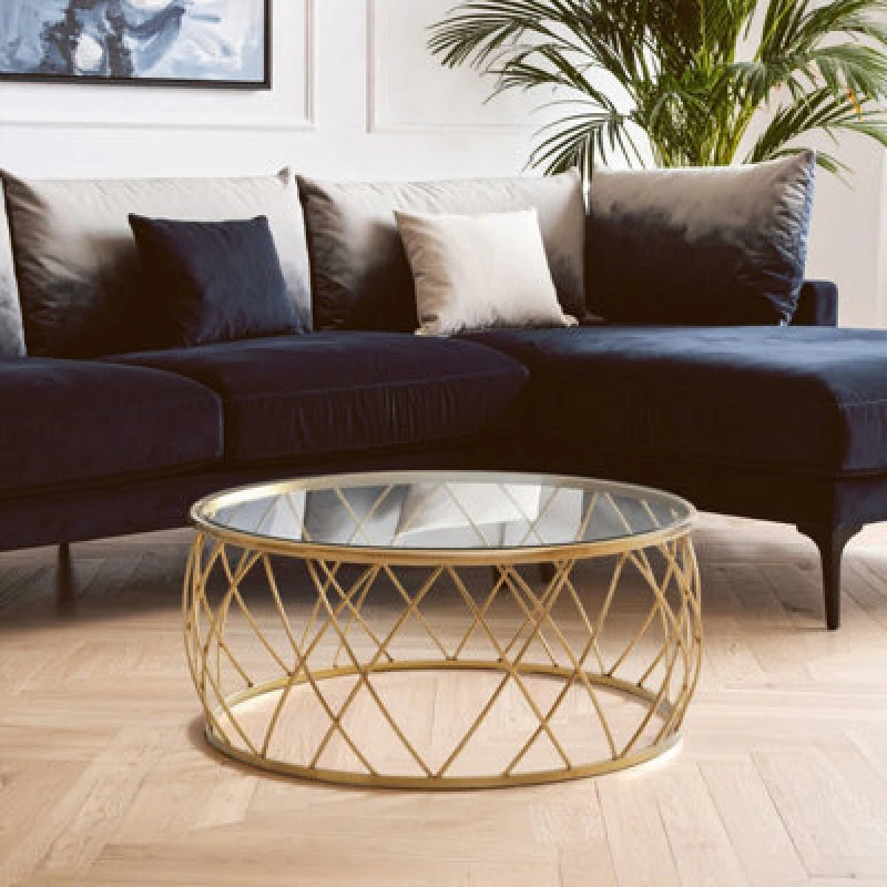 Image of Premier Housewares Modern Gold Round Coffee Table with Clear Glass, Gold Finished Storage Table, Decorative Table For Hallways Gold