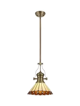 Image of 1 Light Telescopic Ceiling Pendant E27 With 30cm Tiffany Shade, Antique Brass, Amber, Crystal
