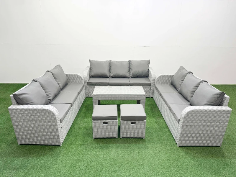 Image of Fimous PE Rattan Lounge Sofa Set 11 Seater Outdoor Garden Furniture Set with Oblong Coffee Table 3 Seater Sofa 2 Stools Light Grey Light Grey