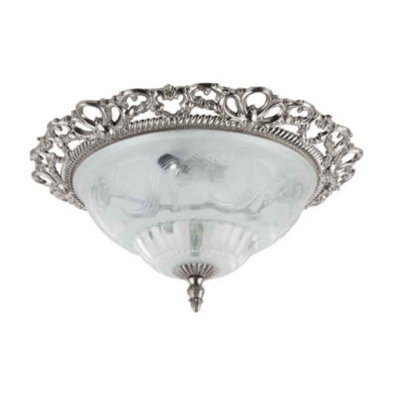 Image of Happy Homewares Traditional Satin Nickel And Floral Glass Flush Ceiling Light