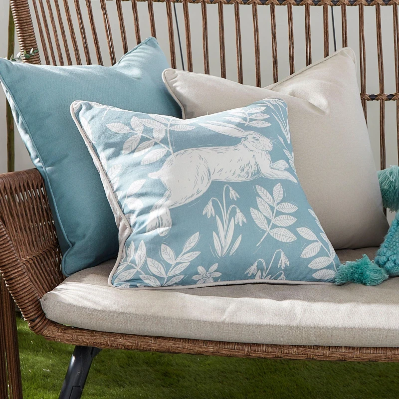Image of Dreams & Drapes 'Spring Rabbit' Outdoor Water & UV Resistant Garden Filled Bench Cushion Duck Egg Blue unisex