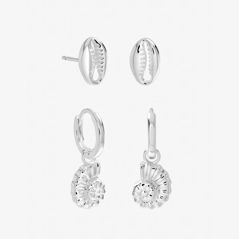 Image of Inicio Sterling Silver Plated Shell Earrings - Pack of 2 Silver female One Size