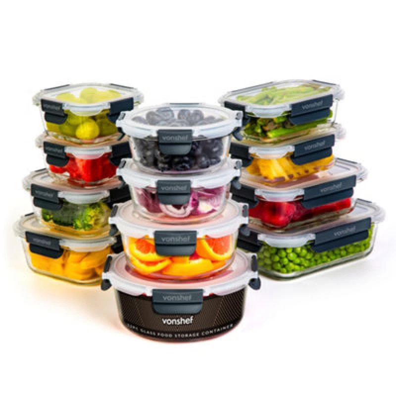 Image of Vonshef Glass Containers With Lids, 12 Piece Meal Prep Food Lunch Boxes 320Ml - 1L Capacities, Oven And Dishwasher Safe