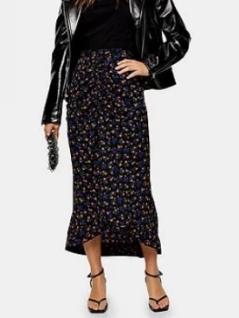 Image of Topshop Petite Floral Trumpet Midi Skirt - Indigo