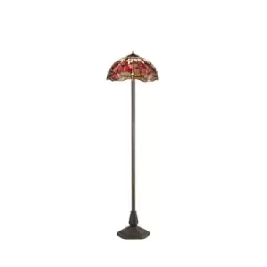 Image of 2 Light Octagonal Floor Lamp E27 With 40cm Tiffany Shade, Purple, Pink, Crystal, Aged Antique Brass