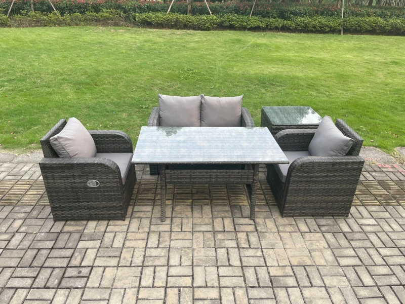 Image of Fimous Outdoor Rattan Garden Furniture Lounge Sofa Set With Oblong Rectangular Dining Table 2 PC Reclining Chair in Dark Grey Dark Grey Unisex