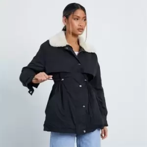 Image of I Saw It First Drawstring Waist Faux Fur Trim Coat - Black