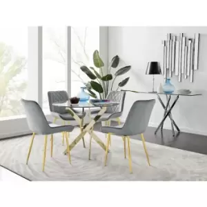 Image of Novara 100cm Gold Round Dining Table and 4 Grey Pesaro Gold Leg Chairs - Elephant Grey