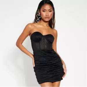 Image of I Saw It First Glitter Mesh Corset Ruched Detail Bodycon Dress - Black