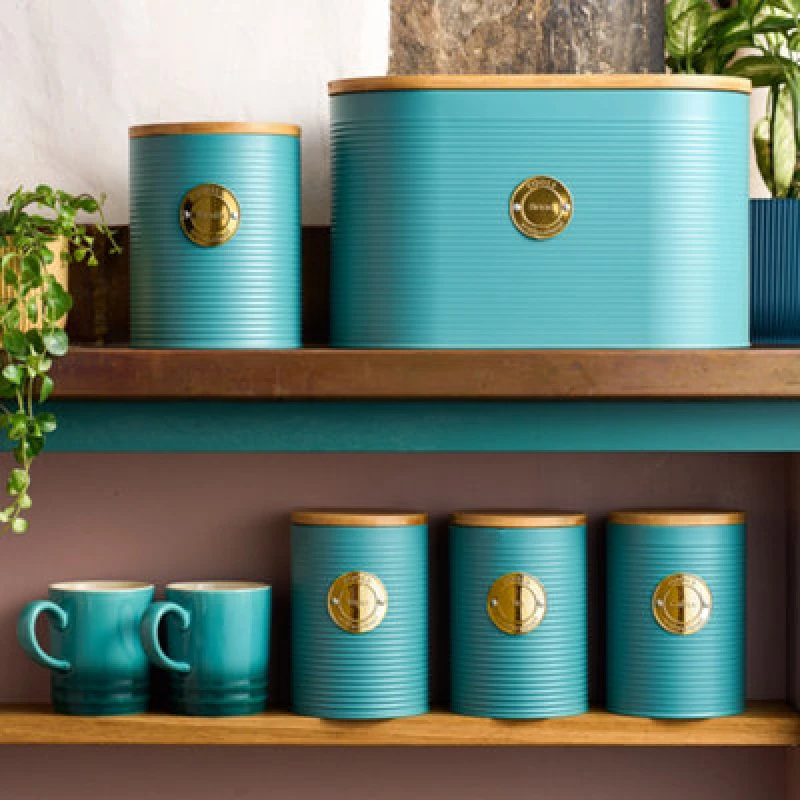 Image of Cooks Professional 5Pc Tea, Coffee, Sugar, Biscuit & Bread Ribbed Canister Kitchen Storage Set With Bamboo Lids - Teal & Gold