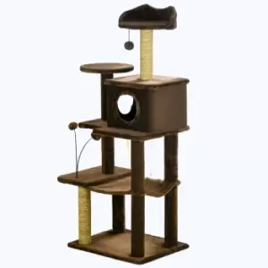 Image of PawHut 136cm Cat Tree for Indoor Cats, Modern Cat Tower with Scratching Posts, house, Platforms, Toy Ball - Brown
