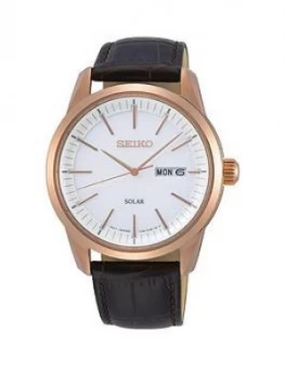 Image of Seiko Seiko White And Rose Gold Detail Daydate Dial Black Leather Strap Mens Watch
