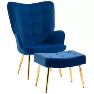 Image of HOMCOM Upholstered Armchair w/ Footstool Set, Modern Button Tufted Accent Chair w/ Gold Tone Steel Legs, Wingback Chair, Dark Blue
