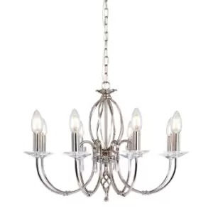 Image of 8 Bulb Chandelier Cut Glass Droplets Curved Stem Polished Nickel LED E14 60W