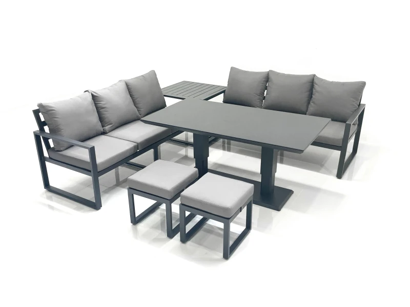 Image of Fimous 8 Seater Aluminium Outdoor Garden Furniture Set w/ Adjustable Rising Lifting Dining Table 3 Seater Sofa 2 Small Footstool Side Table Dark Grey
