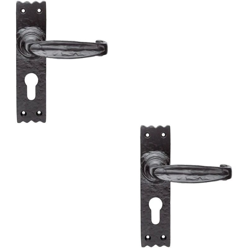 Image of Loops 2x PAIR Creased Style Lever on Slim Euro Lock Backplate 156 x 38mm Black Antique Black