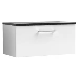 Image of Arno Gloss White 800mm Wall Hung Single Drawer Vanity Unit with Sparkling Black Laminate Worktop - ARN125LSB - Gloss White - Nuie