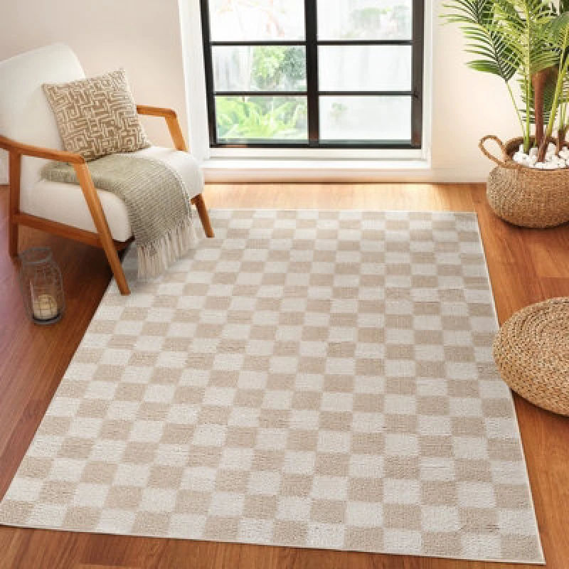 Image of Livabliss Machine Washable Checkered Shaggy Beige Izaline Area Rug 140 X 200 Cm - Easy Care, Non Shedding, Ideal For Living Room & Bedroom