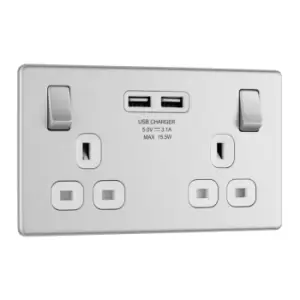 Image of BG Nexus Flatplate Screwless Brushed Steel 13A 2-Pole 2 Gang Switched Dual USB (3.1A) Socket - White Insert FBS22U3W