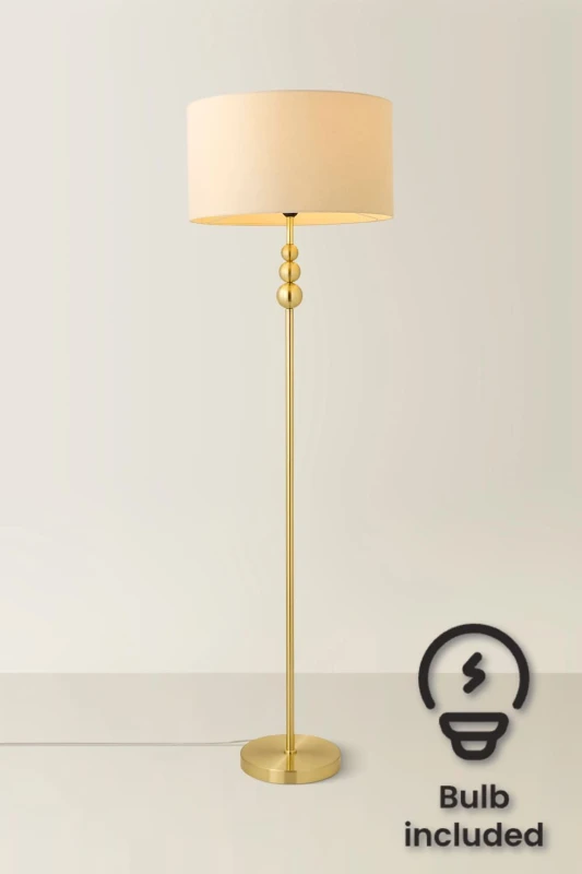 Image of ValueLights ValueLights Marissa Fabric Drum Shade with Brushed Gold Ball Floor Lamp with Bulb in Nude Nude One Size Unisex 5059406051838