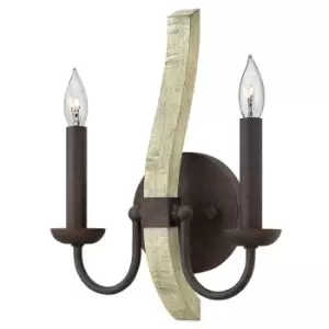 Image of Twin Wall Light Distressed Wood & Steel Pear Shaped Finial Iron Rust LED E14 60W