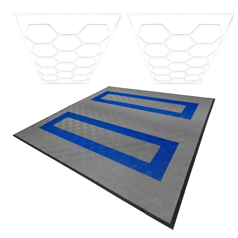Image of Monstershop Hexagon LED Lights x 2 & Vented Garage Floor Tiles With Edges - 165 Grey & 60 Blue Grey