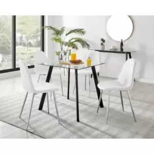Image of Furniturebox UK - Furniturebox Seattle Glass and Black Metal Leg Square Dining Modern Industrial Dining Table & 4 White Corona Faux Leather Dining