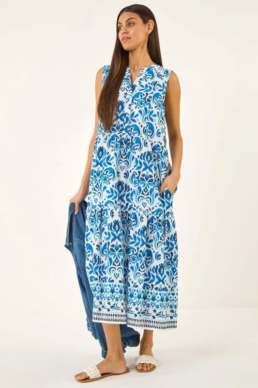 Image of Roman Womens Printed Button Detail Midi Dress in Blue Size: 14 Blue Female 14
