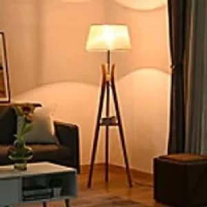 Image of HOMCOM Floor Lamp 40W w/ Pedal Switch Middle Shelf Tripod HOMCOM Base Fabric Shade, Beige