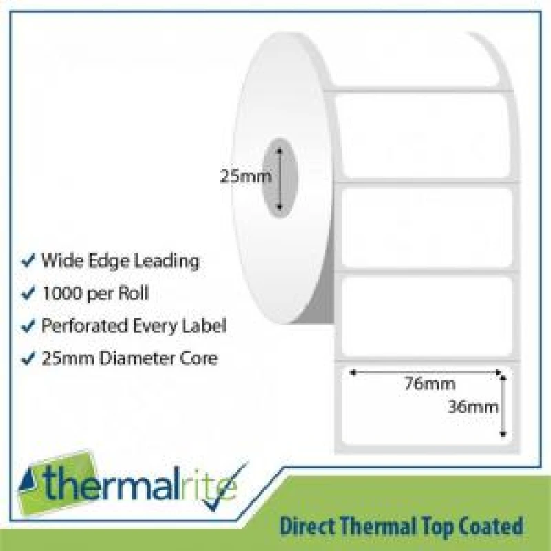 Image of Thermalrite Thermalrite Direct Thermal Labels 76x36mm 25mm core (Pack 30 Rolls of 1000 Labels per Roll) - RL76.36DT-25 RL76.36DT-25
