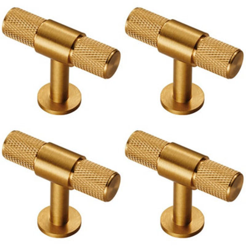 Image of Loops 4x Knurled Cupboard T Shape Pull Handle 50 x 13mm Satin Brass Cabinet Handle Metallics unisex