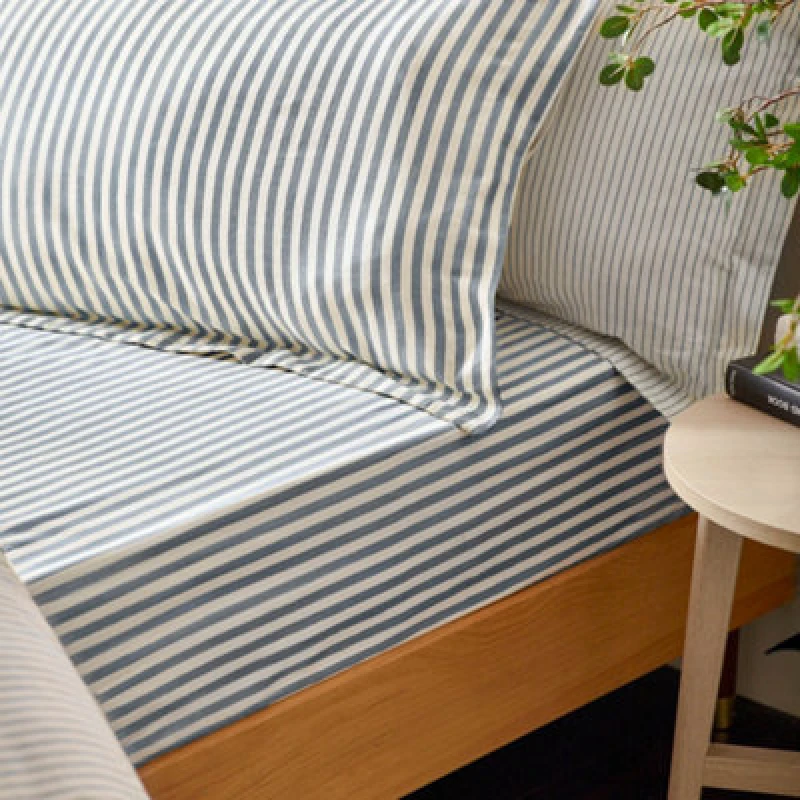 Image of Yard Hebden Striped Cotton Fitted Sheet, Navy, King
