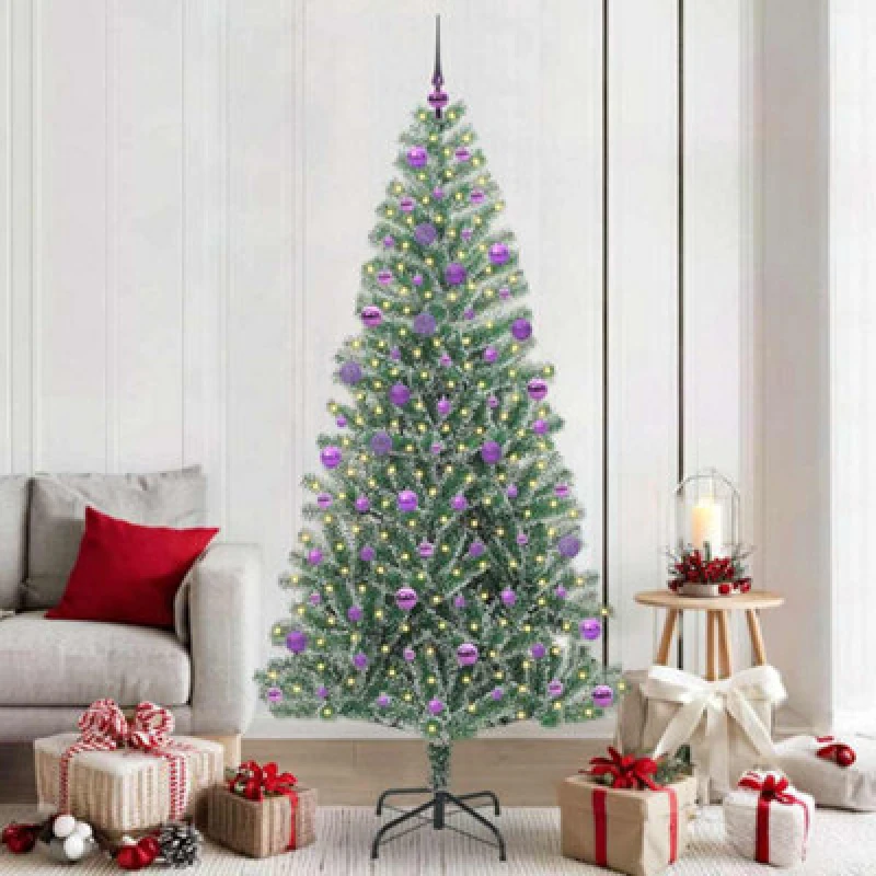 Image of vidaXL Artificial Christmas Tree Snow Flocked with LED Light, Lilac Balls 210 cm, Green 3396830