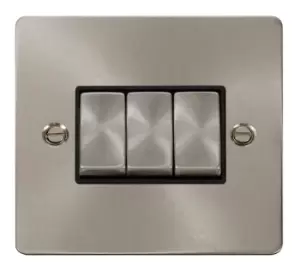 Image of Click Scolmore Define Brushed Steel 3 Gang 2 Way Plate Switch 10A With Black Ingot - FPBS413BK