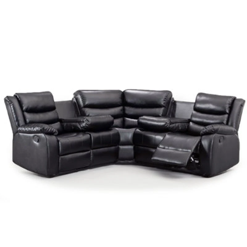 Image of Furnishings For Less UK Minnesota Black Leather Reclining Corner Sofa 5 Seater Manual Recliner Comfortable Padded Arms