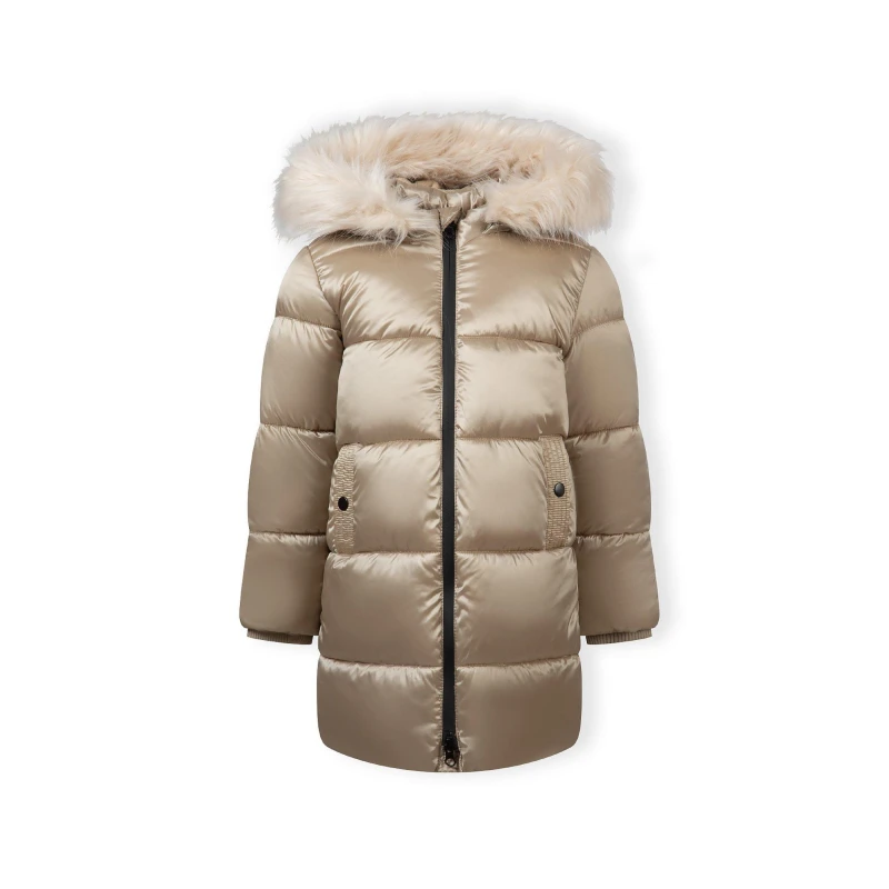 Image of Minoti Girls long quilted winter coat with faux fur trim gold Gold female 2-3 Yrs