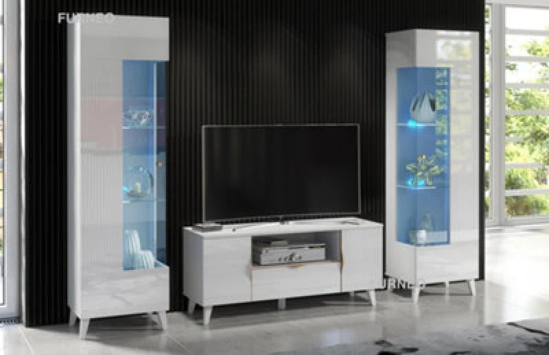Image of Furneo High Gloss & Matt White Living Room Set TV Stand Display Cabinets Azzurro 8/12 Blue LED Lights