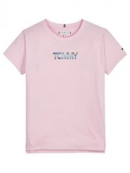 Image of Tommy Hilfiger Girls Iridescent Logo Short Sleeve T-Shirt - Pink