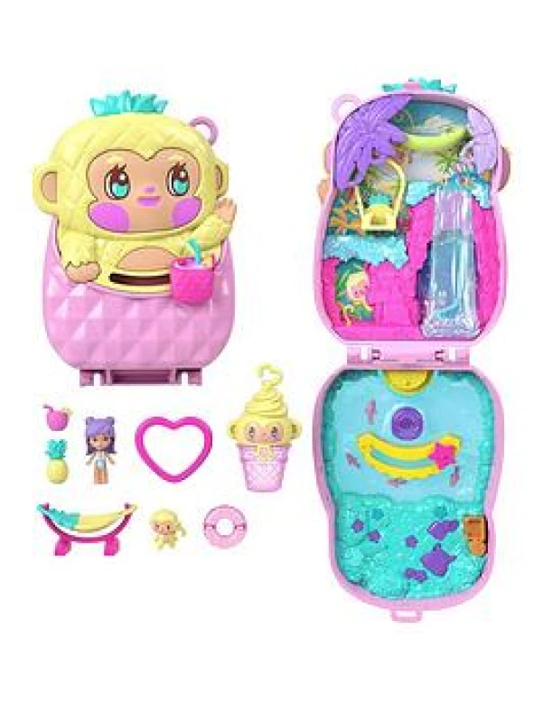 Image of Polly Pocket Dolls and Playset Pineapple Monkey Compact Travel Toy with 1 Micro Doll Pet Hammock Fruit Themed Accessories JKC49