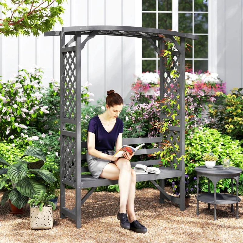 Image of Outsunny Arch Pergola Garden Bench, Wooden Garden Arbour with Seat, Grey 84G-002V00GY