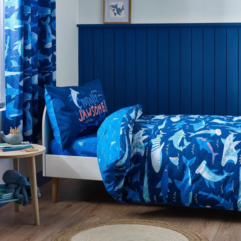 Image of Catherine Lansfield Jawsome Shark Reversible Duvet Cover Set Navy Blue unisex Single